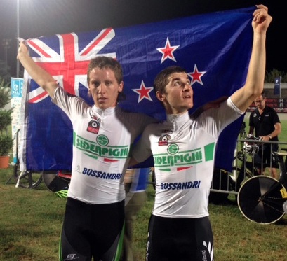  Shane Archbold (left) and Dylan Kennett celebrate their win in the six-day event in Italy.